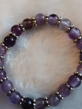 Amethyst Bead Stretch Bracelet with Silver Accents